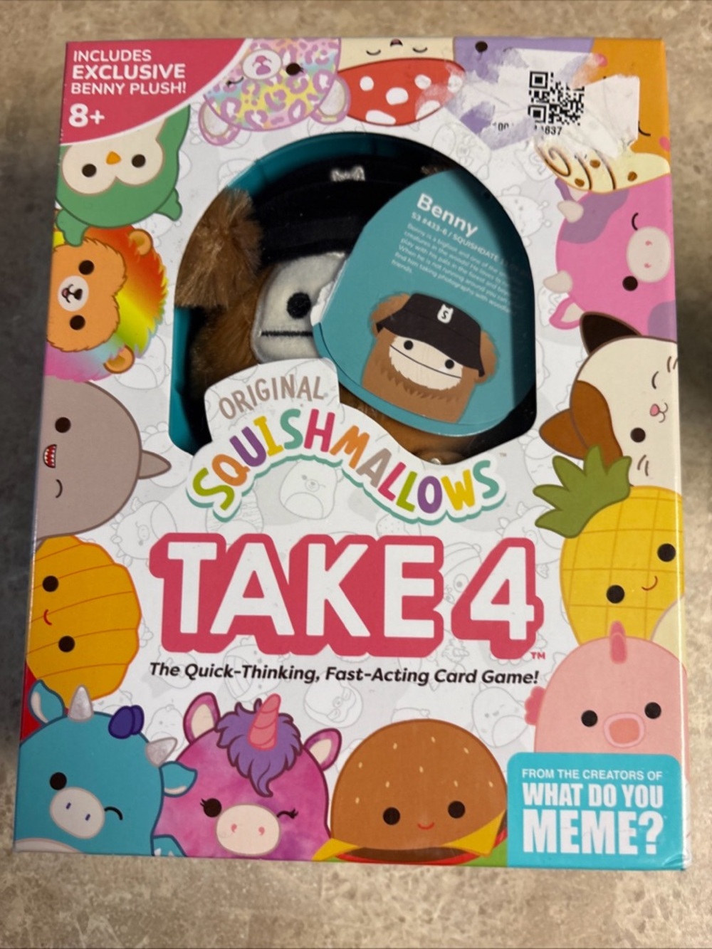 Squishmallows Take 4 Card Game with Pink & Teal Accents Featuring Benny Plush